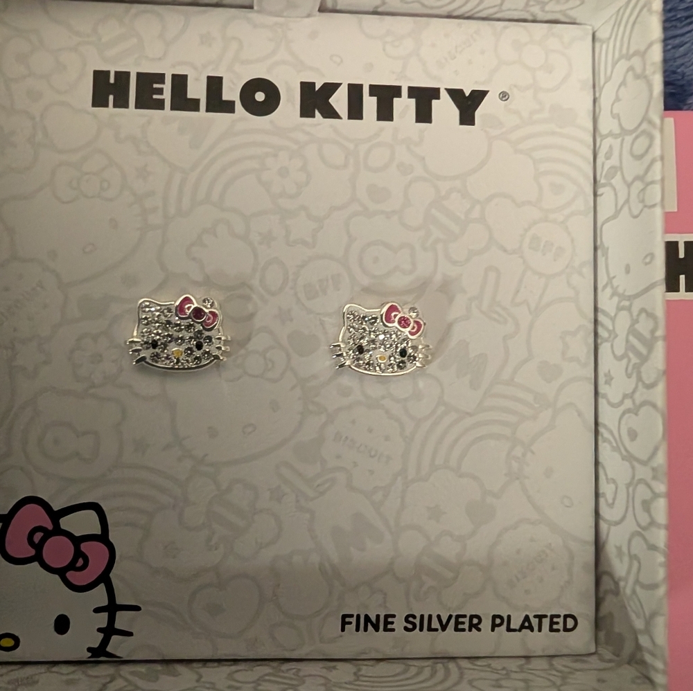 Hello Kitty Silver Tone Stud Earrings with Pink Bows